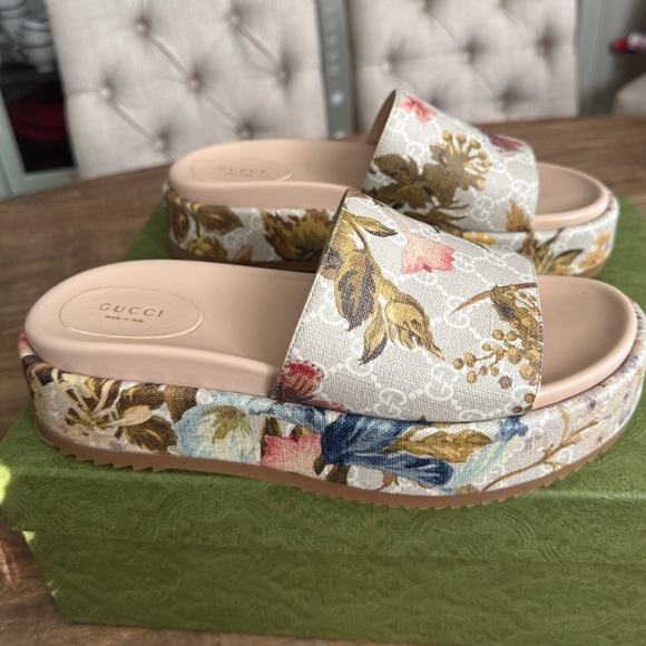 Gucci Flora Multicolor Angelina GG Logo Platform Slide Sandal 41 US W 10.5 - Picture 1 of 9